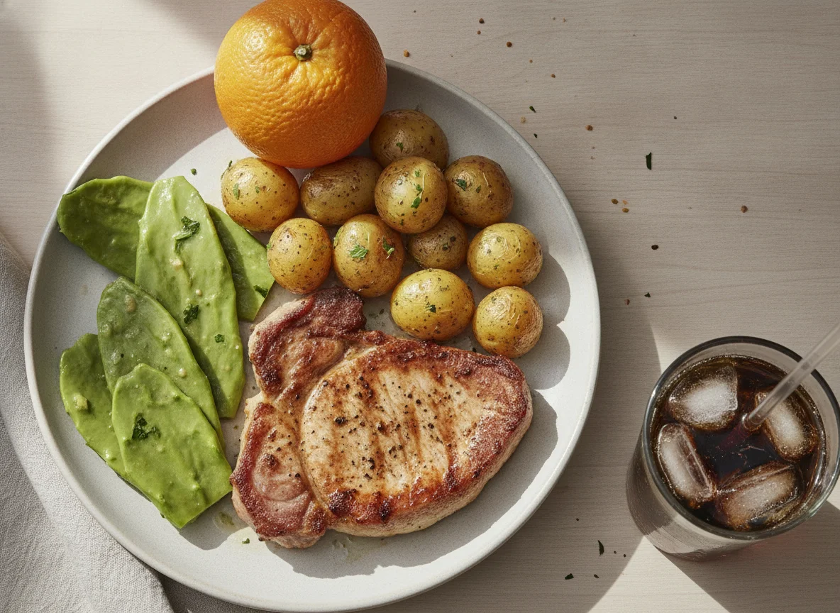 Bistec de cerdo con papas, nopales, naranja y refresco photo