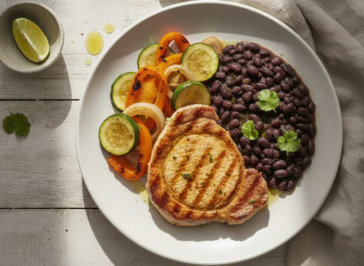 Bistec de cerdo con verduras y frijoles negros photo
