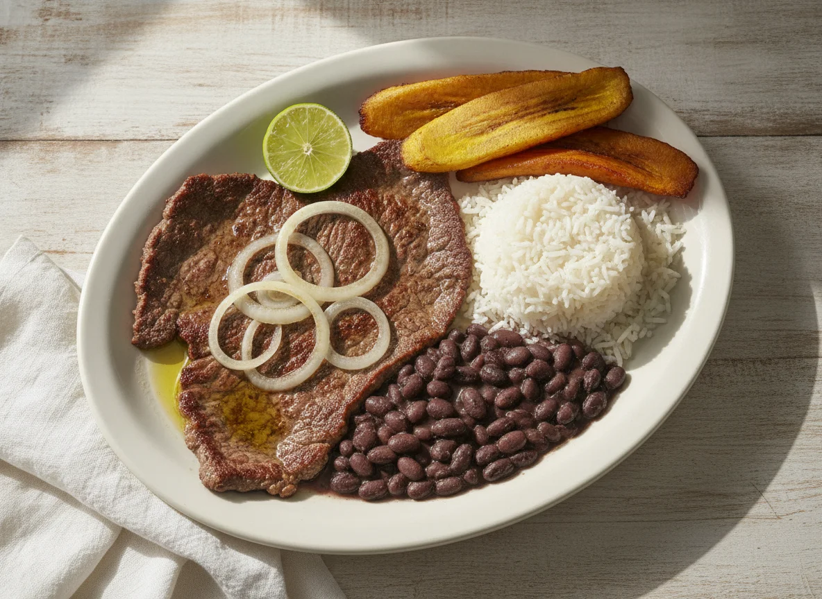 Bistec de Palomilla con Arroz, Frijoles y Tajadas photo