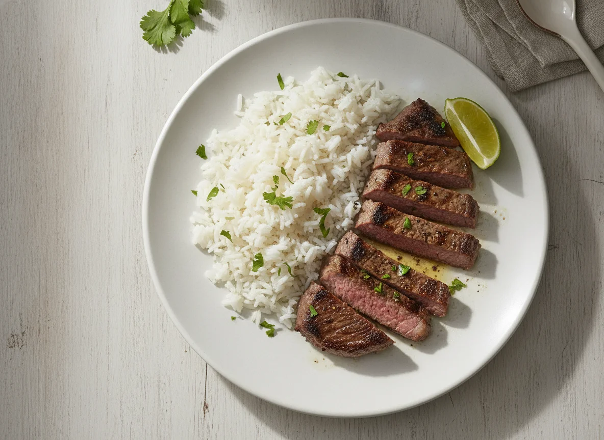 Bistec de res con arroz blanco photo