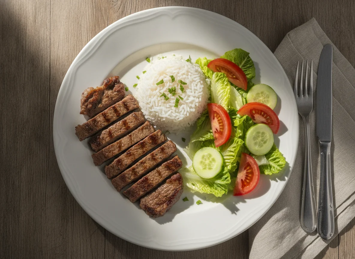 Bistec de res con arroz y ensalada photo