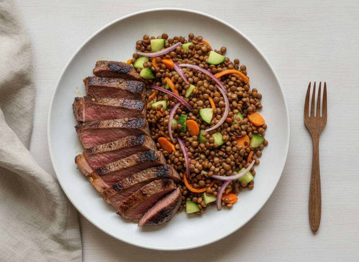 Bistec de res con ensalada de lentejas photo