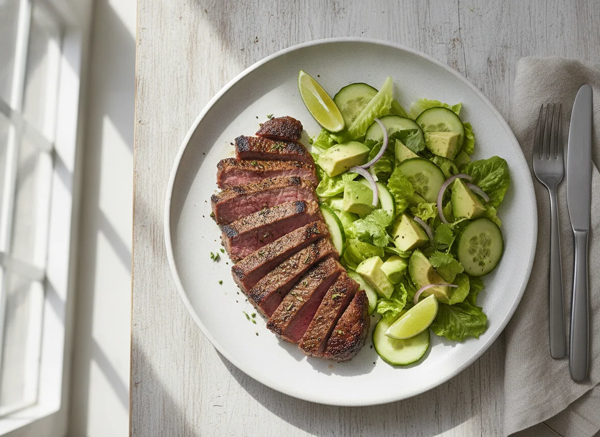 Bistec de res con ensalada de pepino y aguacate photo