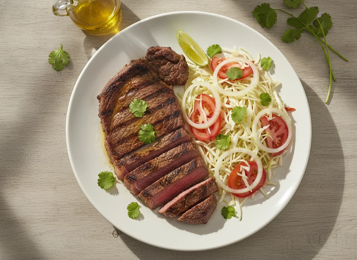 Bistec de res con ensalada de repollo photo