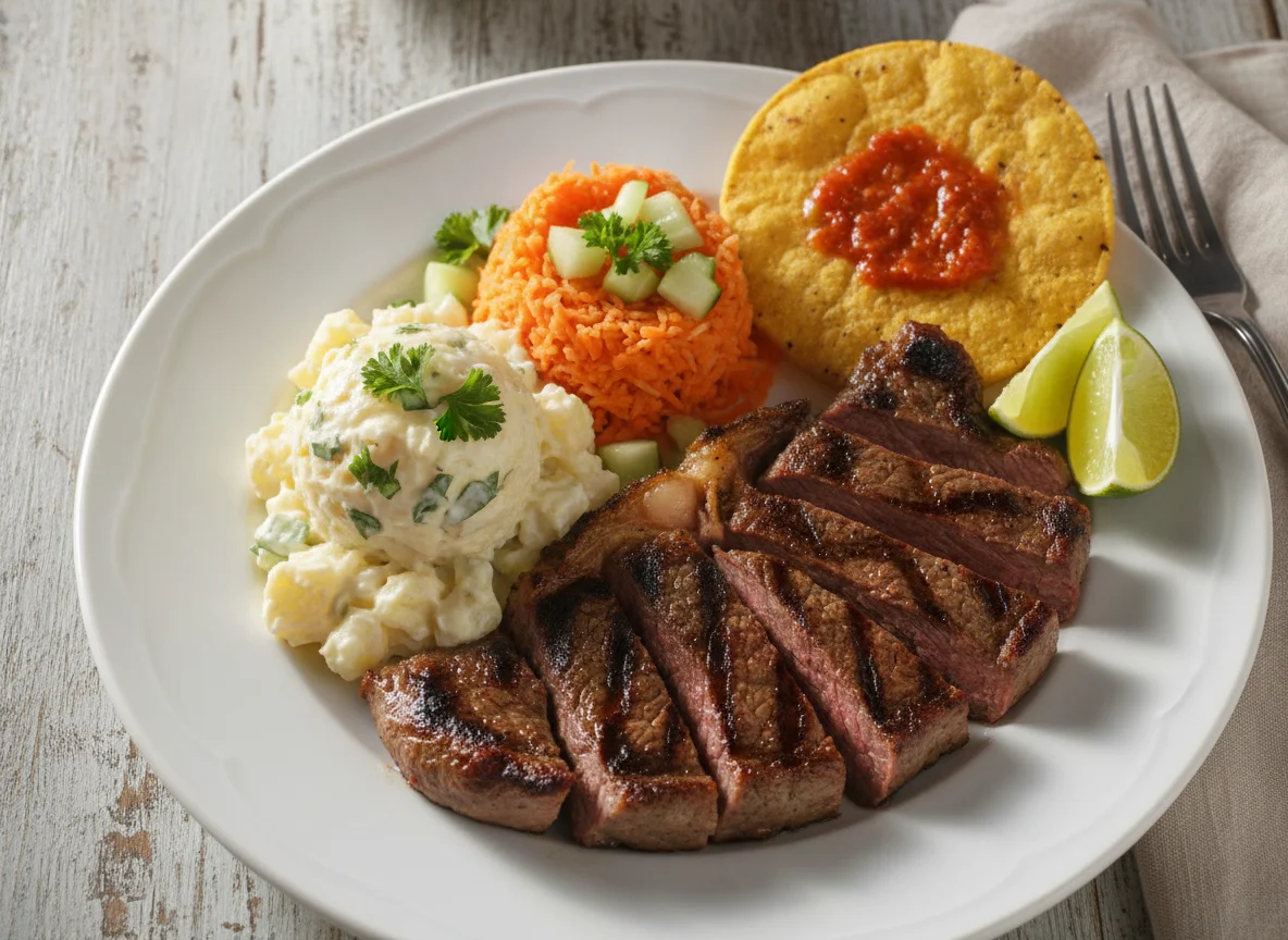 Bistec de res con ensalada y tostada photo