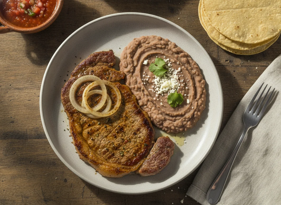 Bistec de res con frijoles refritos photo