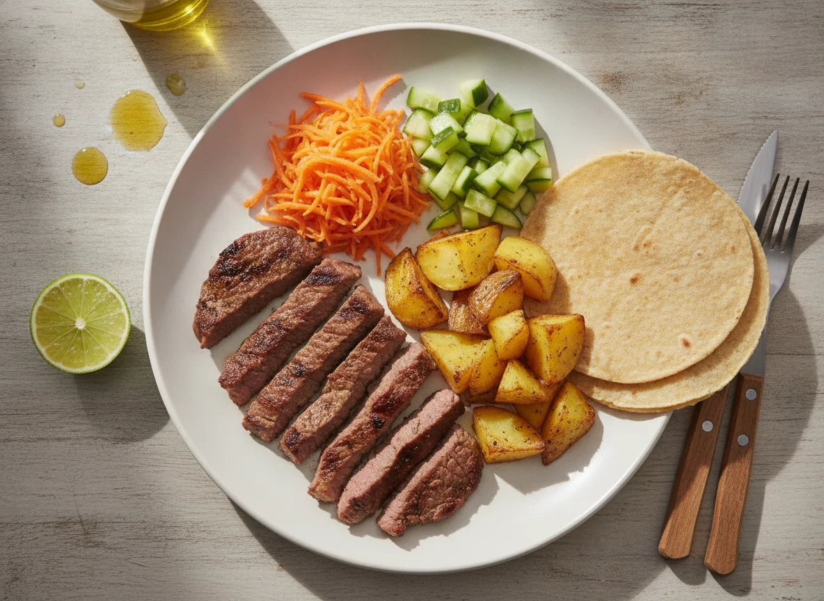 Bistec de res con papas, zanahoria y tortilla photo