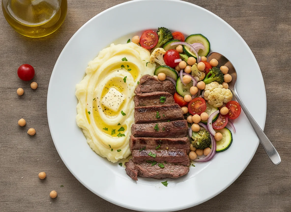 Bistec de res con puré de papa y ensalada de garbanzos photo
