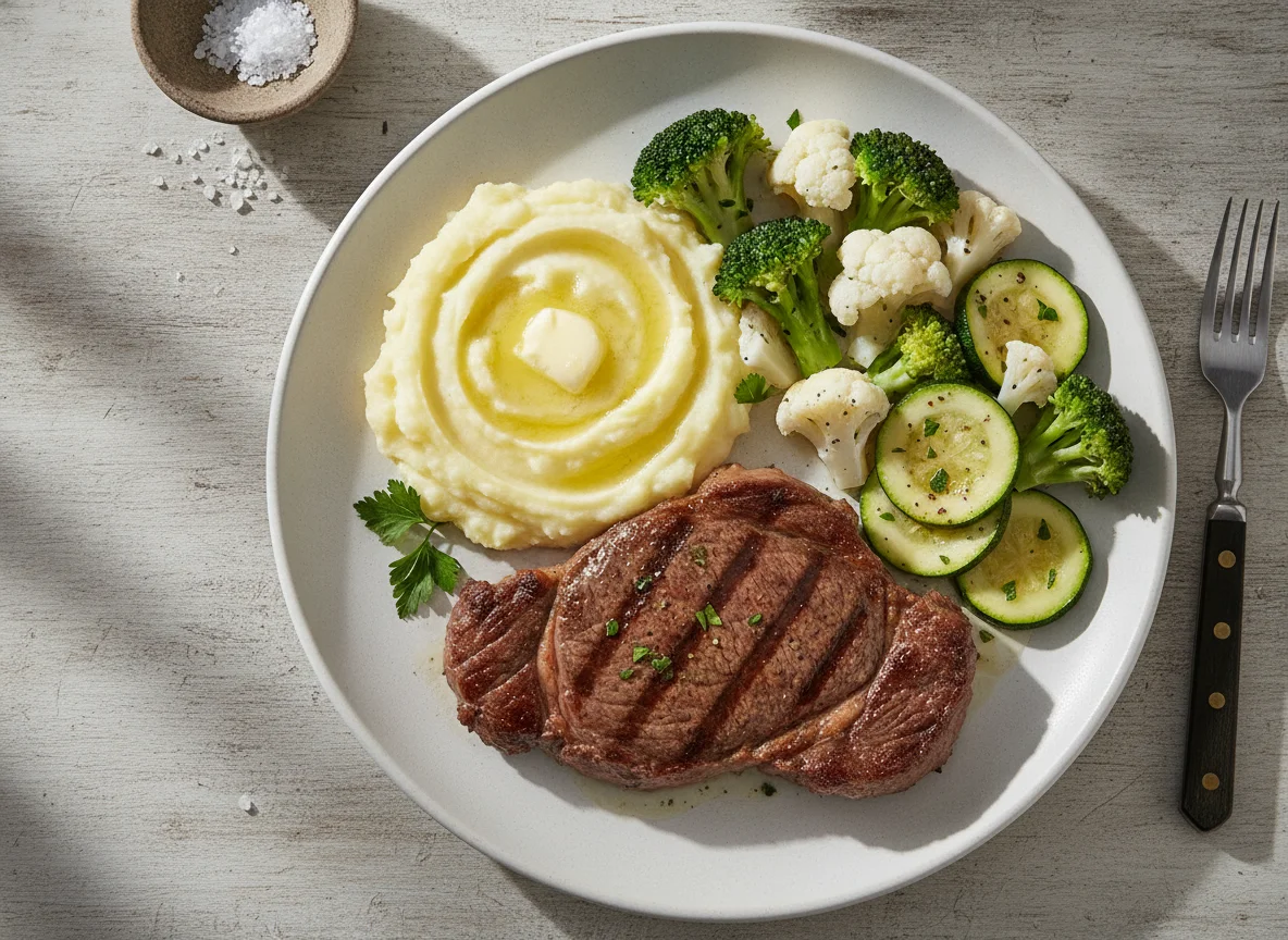 Bistec de res con puré de papa y vegetales al vapor photo