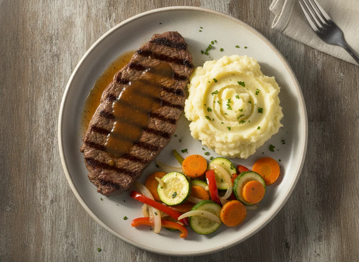 Bistec de res con puré de papa y vegetales salteados photo