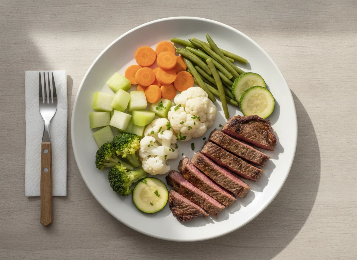 Bistec de res con vegetales al vapor photo