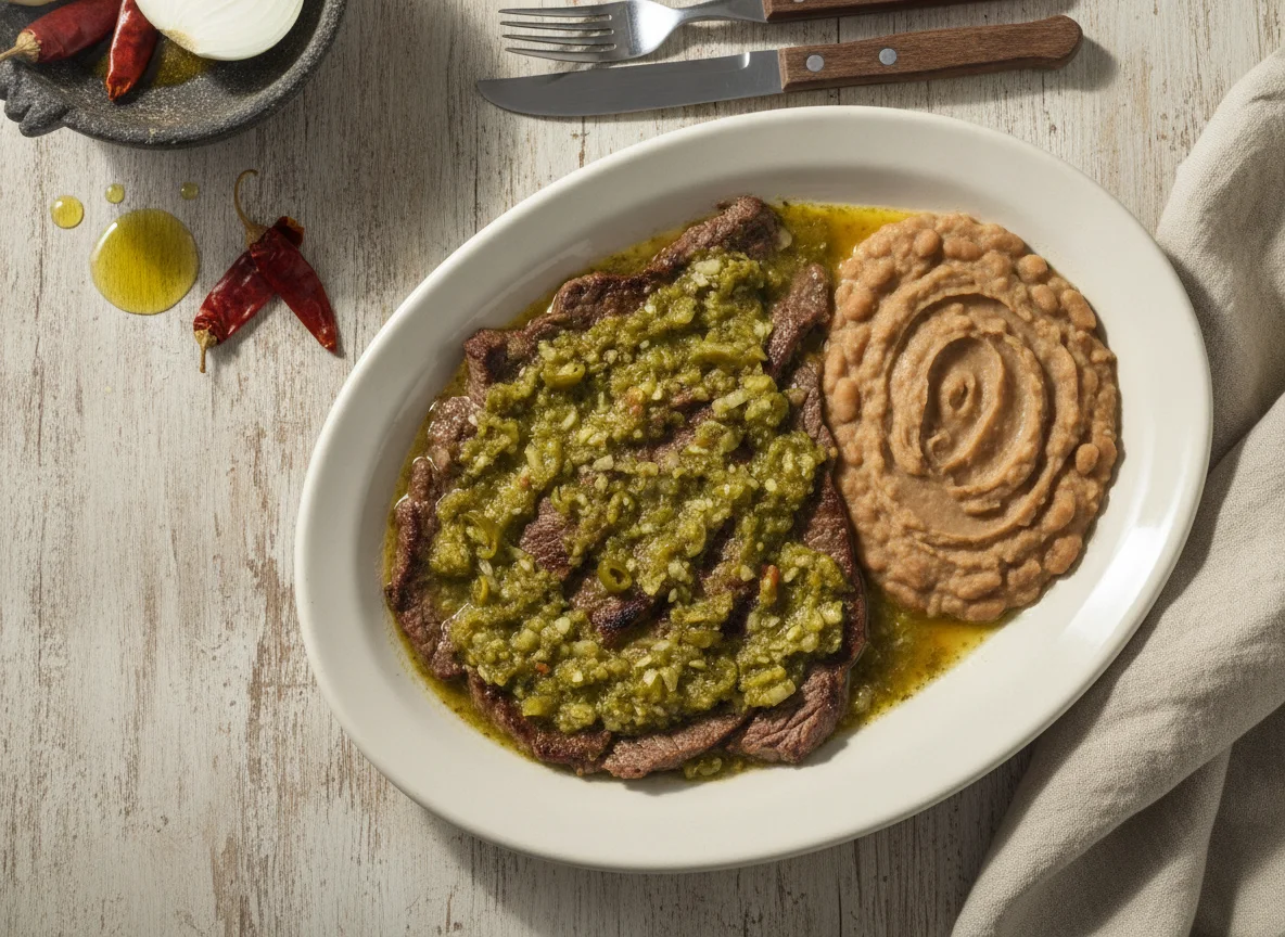 Bistec en salsa verde con frijoles refritos photo