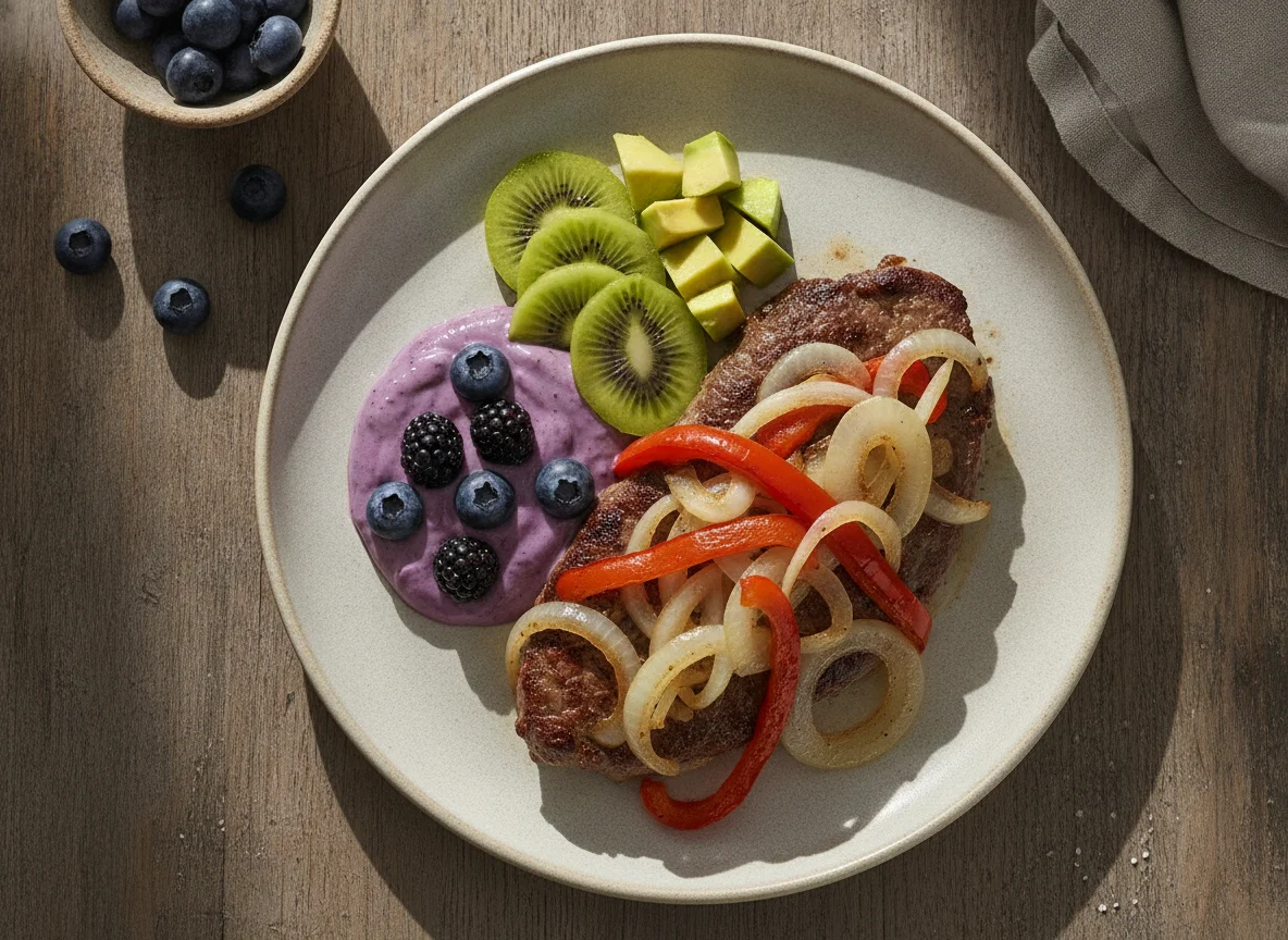 Bistec encebollado con acompañamientos de fruta y aguacate photo