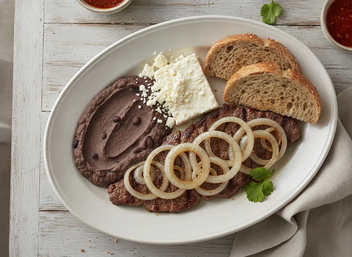 Bistec encebollado con acompañamientos photo