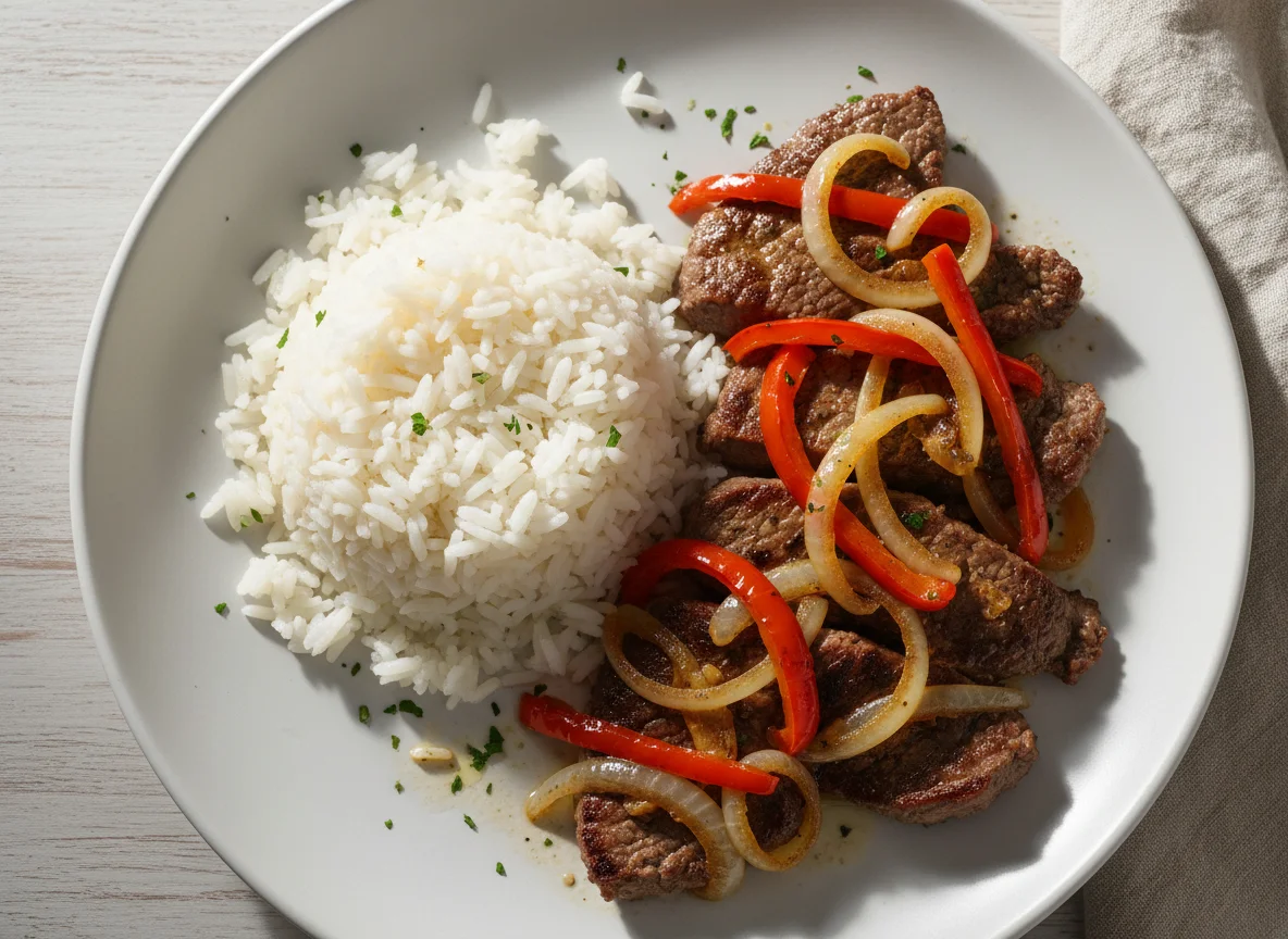 Bistec encebollado con arroz photo