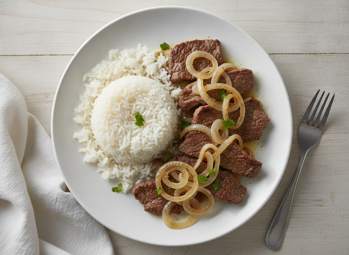 Bistec encebollado con arroz blanco photo