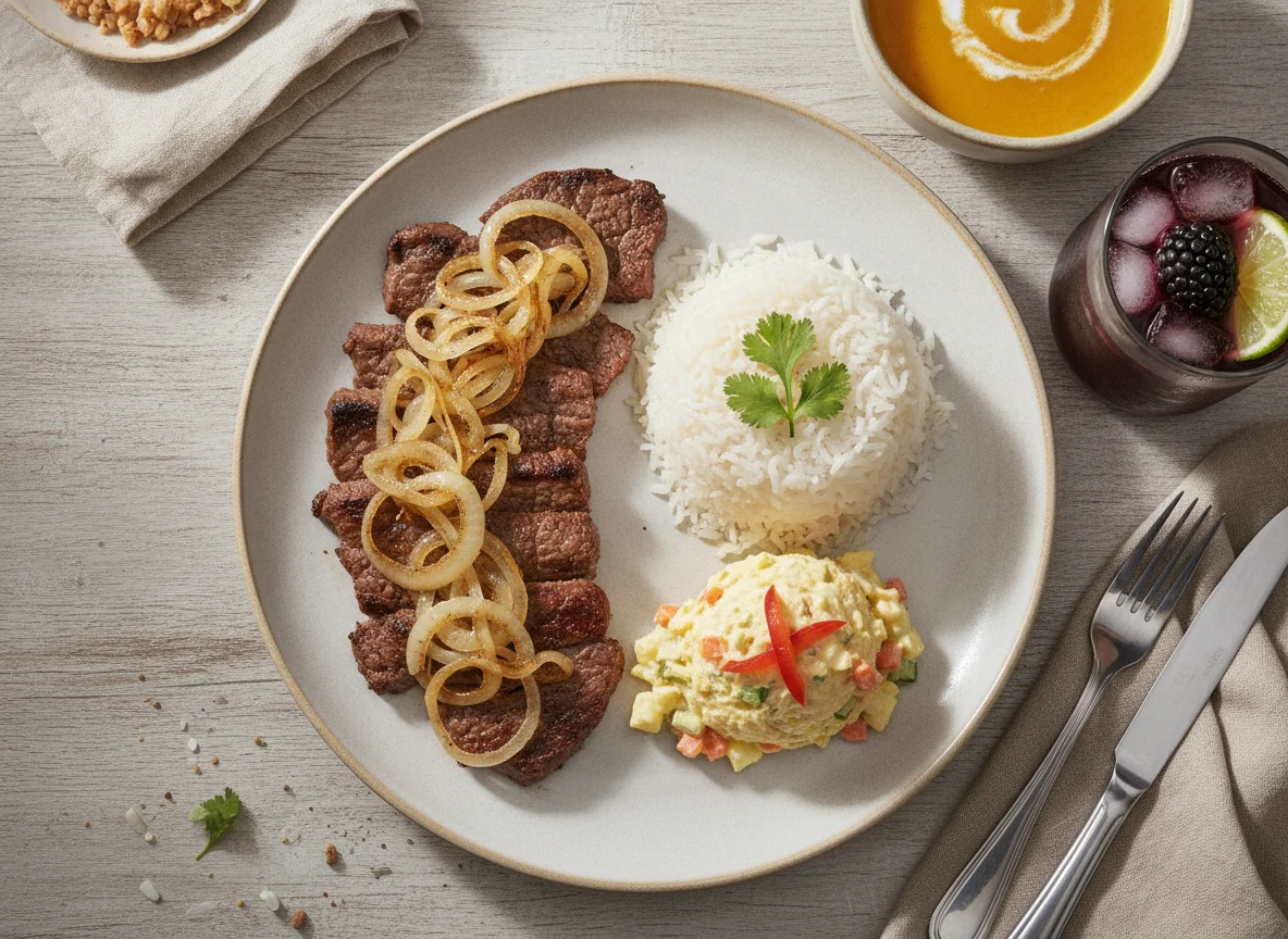 Bistec encebollado con arroz, ensalada de gallina y crema de auyama photo