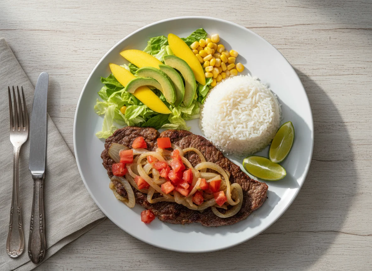 Bistec encebollado con arroz y ensalada photo