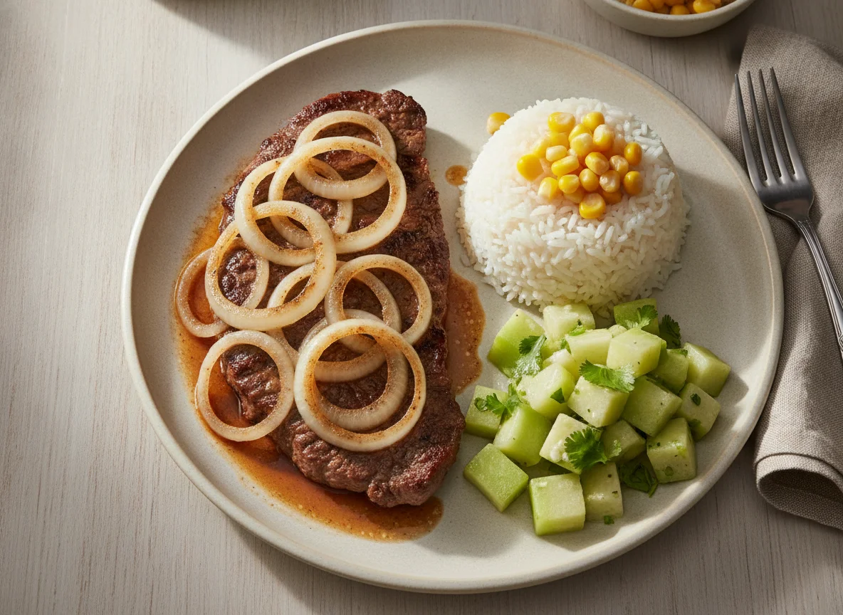 Bistec encebollado con arroz y ensalada de güisquil photo
