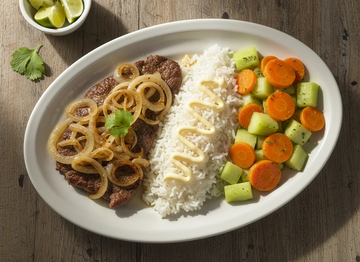 Bistec encebollado con arroz y vegetales photo