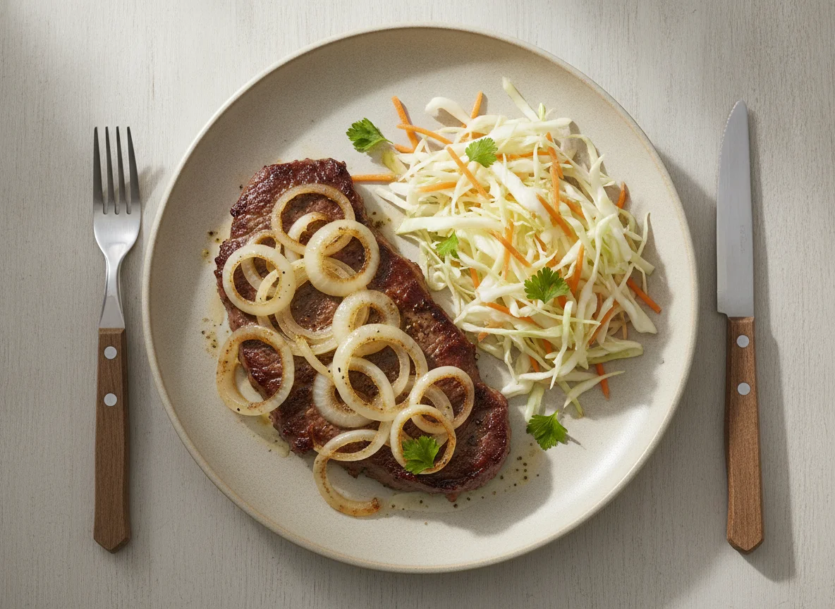 Bistec encebollado con ensalada de col y zanahoria photo