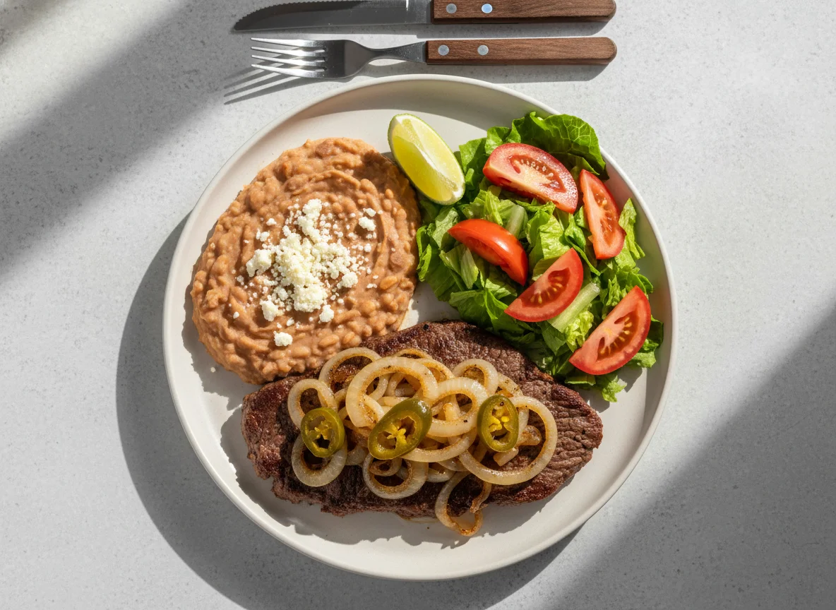 Bistec encebollado con frijoles y ensalada photo