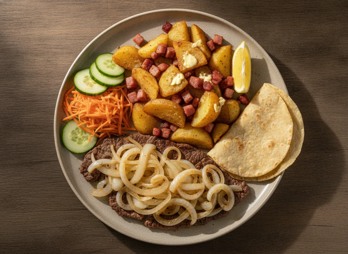 Bistec encebollado con papas, jamón y guarnición photo