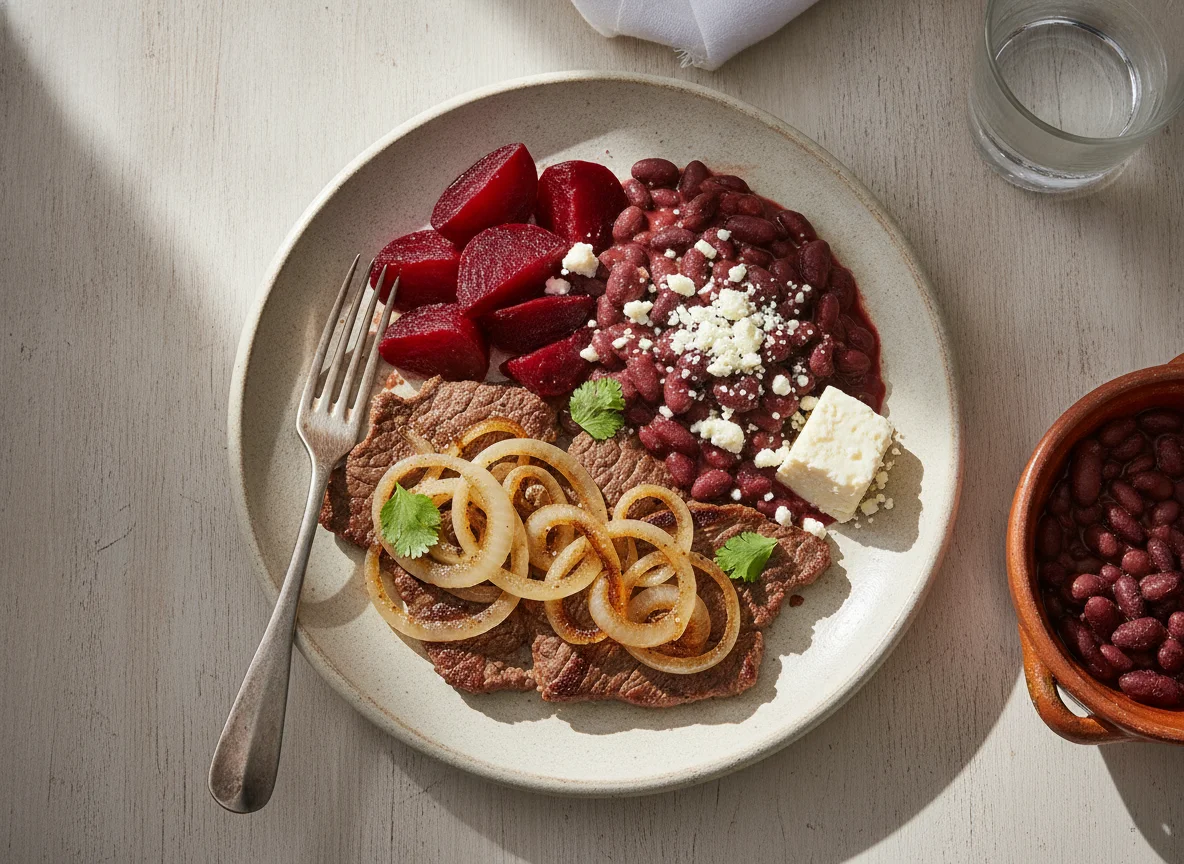 Bistec encebollado con remolacha, frijoles y queso photo