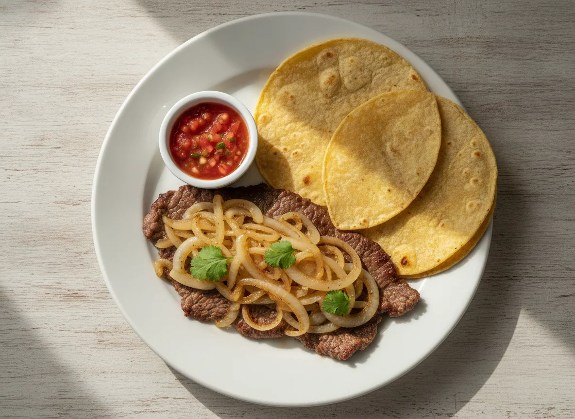 Bistec encebollado con tortilla photo