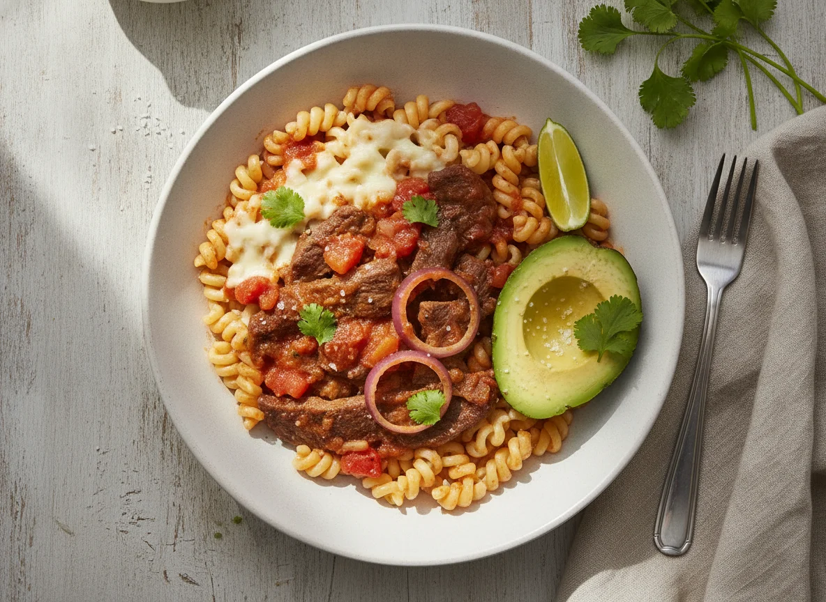 Bistec entomatado con coditos y aguacate photo