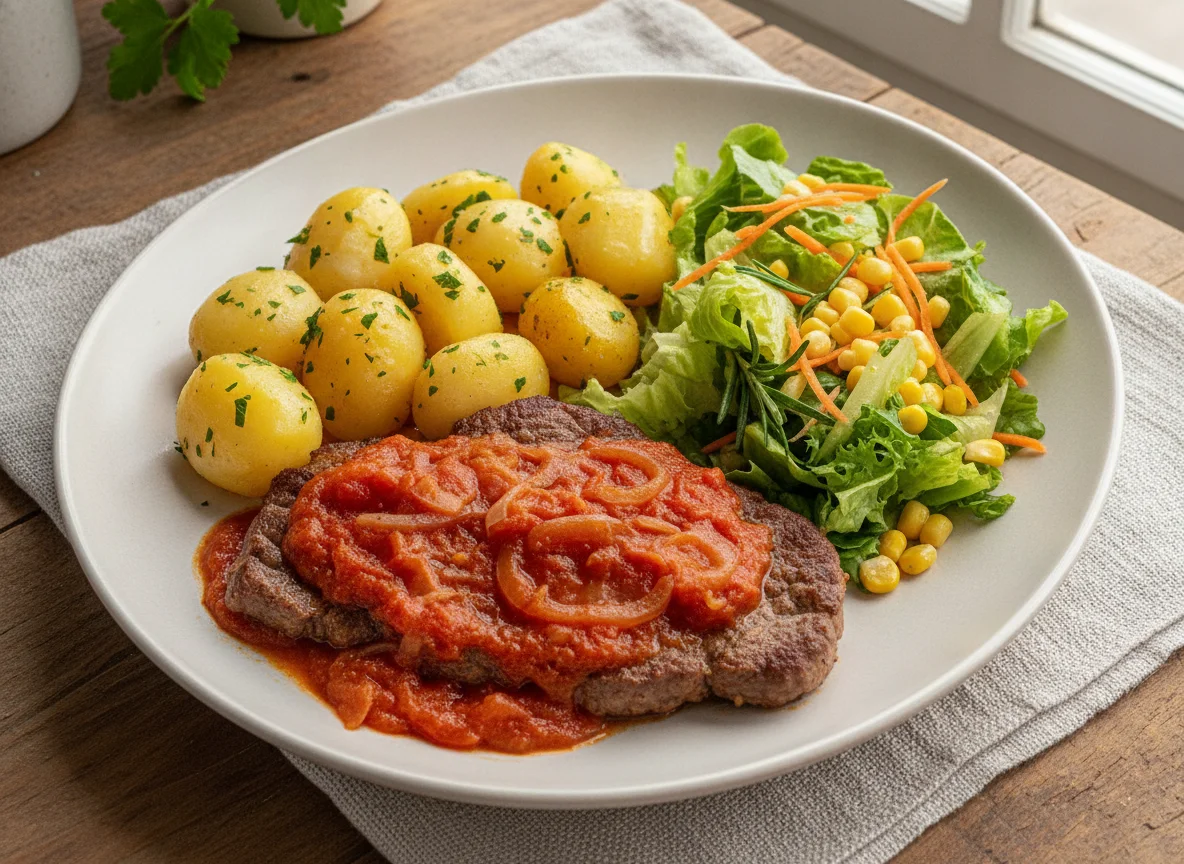 Bistec entomatado con ensalada y papas photo