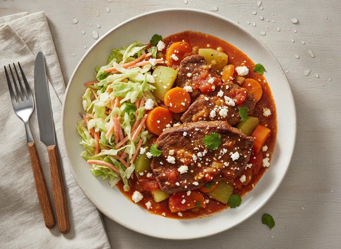 Bistec entomatado con vegetales y queso photo