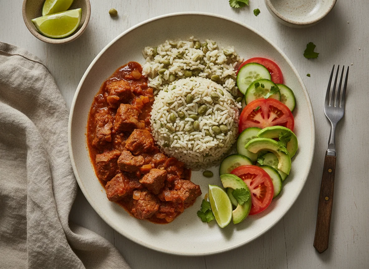 Bistec Picado con Arroz con Guandú y Ensalada photo