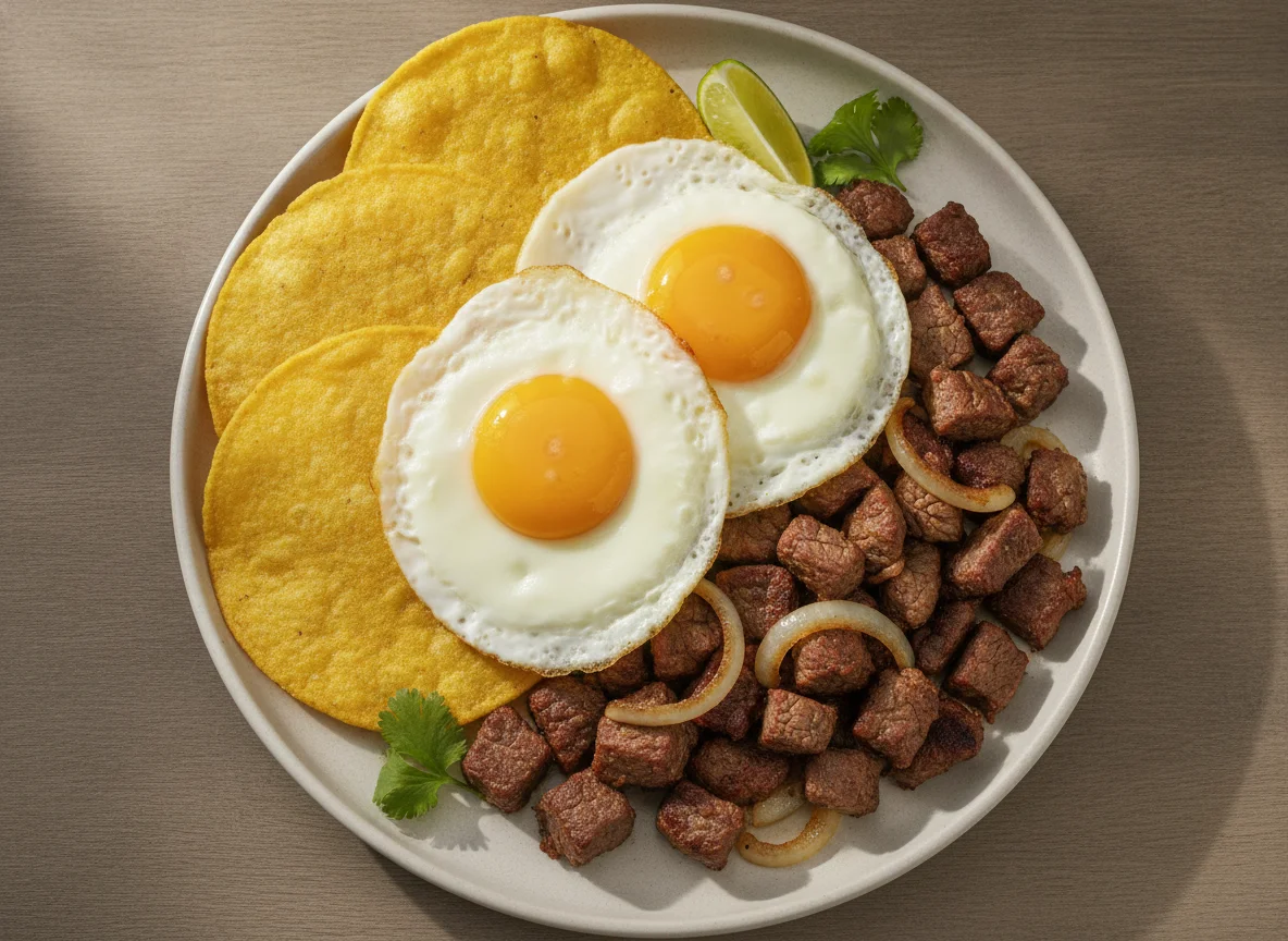 Bistec picado con huevos fritos y tortillas de maíz photo