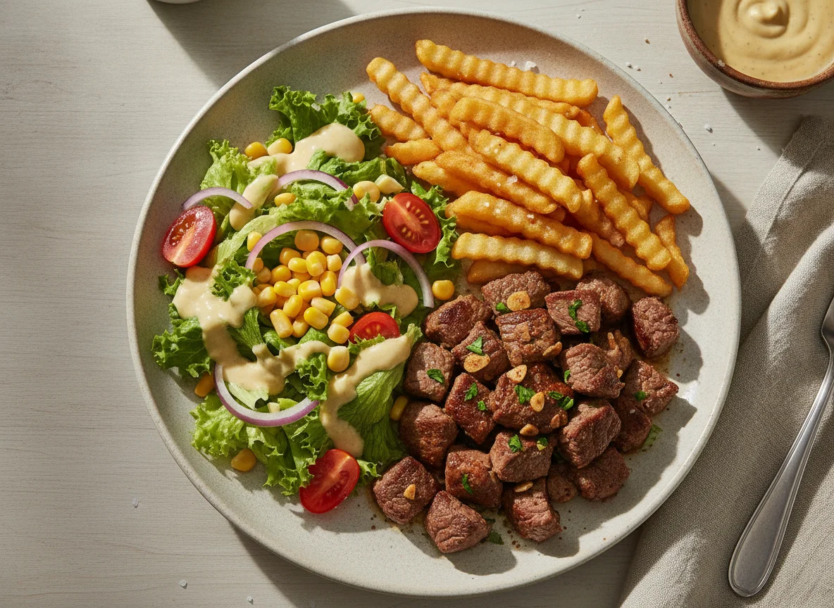 Bistec picado con papas fritas y ensalada photo