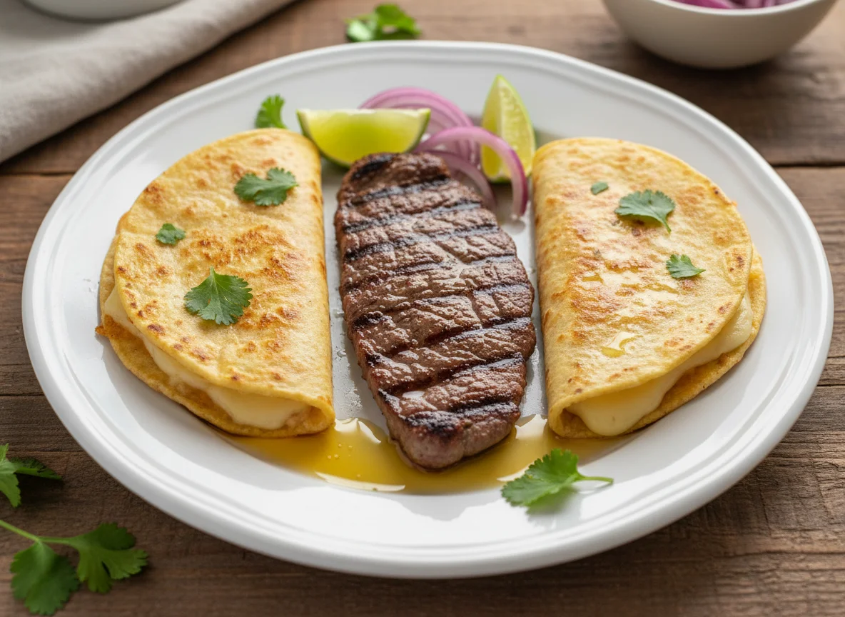 Bistec y dos quesadillas con aceite photo