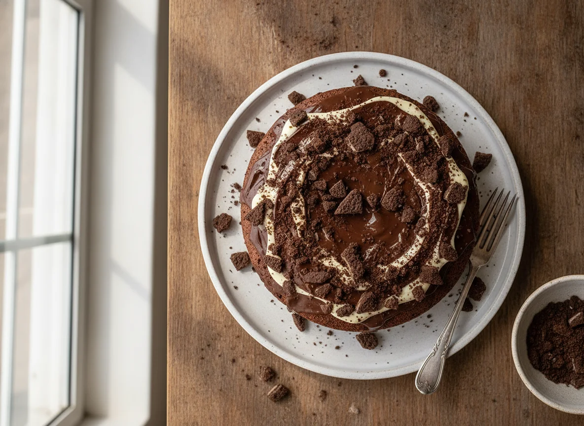 Bizcocho de chocolate con glaseado y trozos de galleta photo