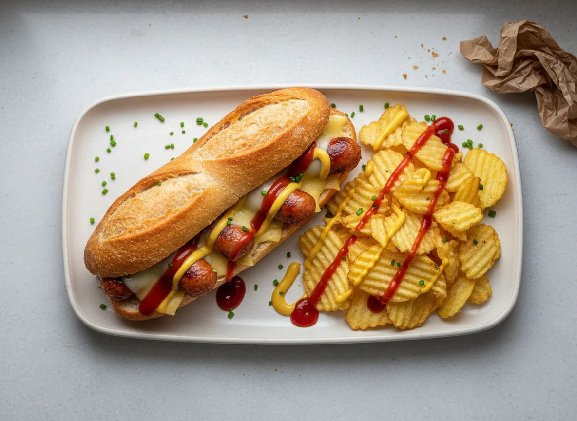 Bocadillo con patatas fritas y salsas photo