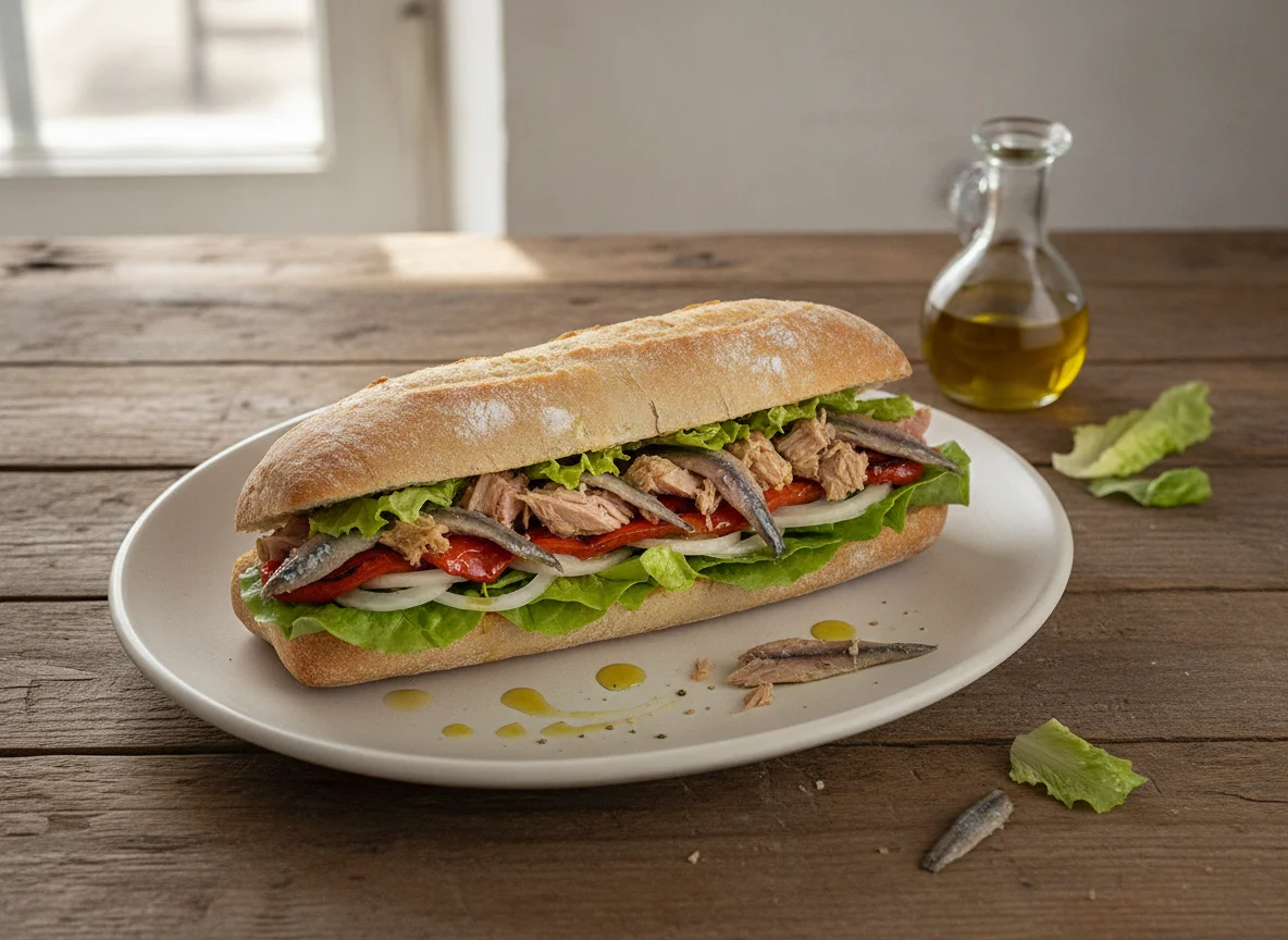 Bocadillo de atún con anchoas y pimientos photo
