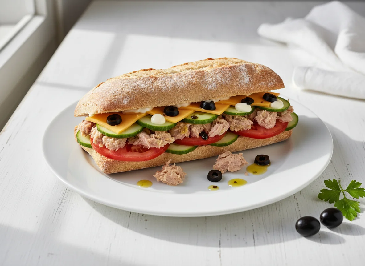Bocadillo de atún con queso y verduras photo