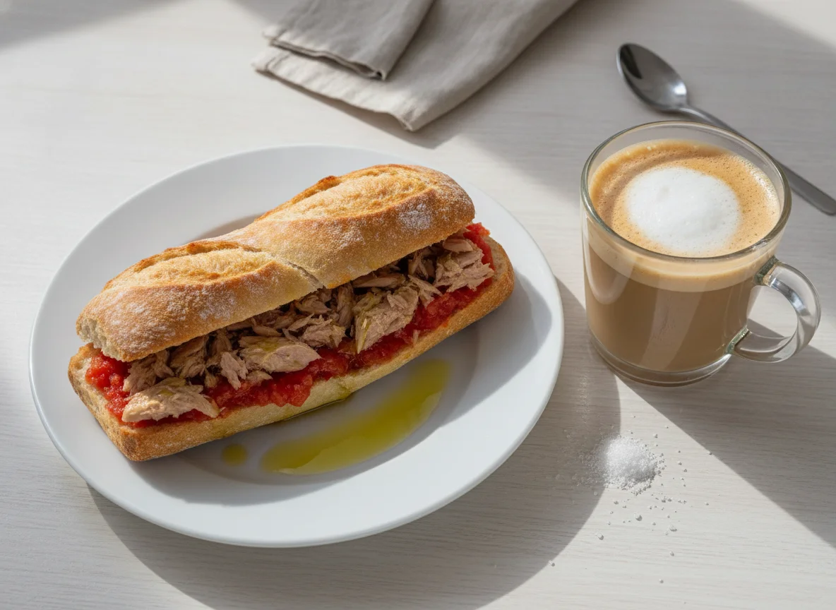 Bocadillo de atún con tomate y café con leche photo