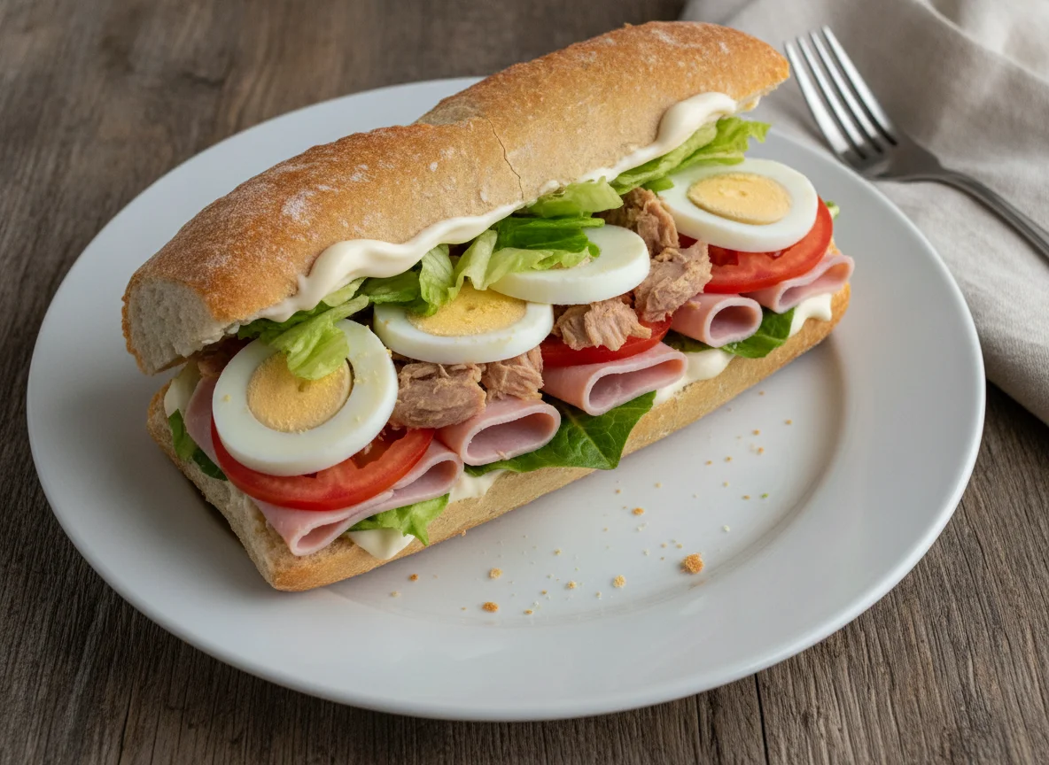 Bocadillo de atún, huevo y jamón cocido photo