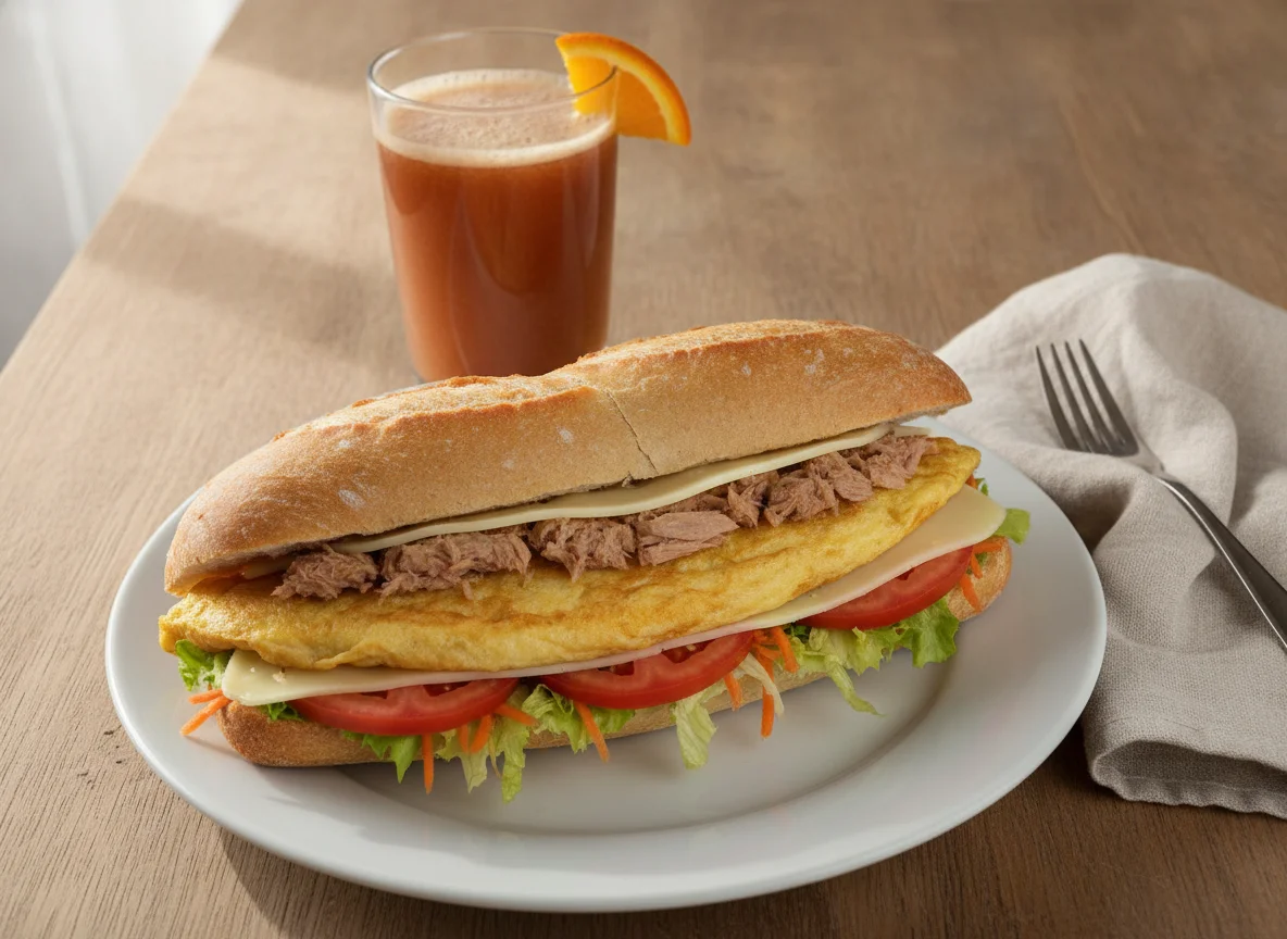 Bocadillo de atún, huevo y queso con zumo de frutas photo
