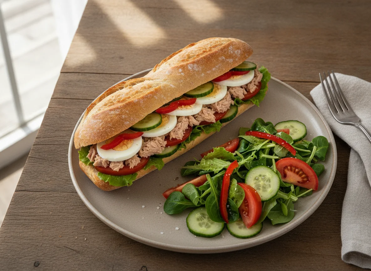 Bocadillo de atún y huevo con ensalada photo