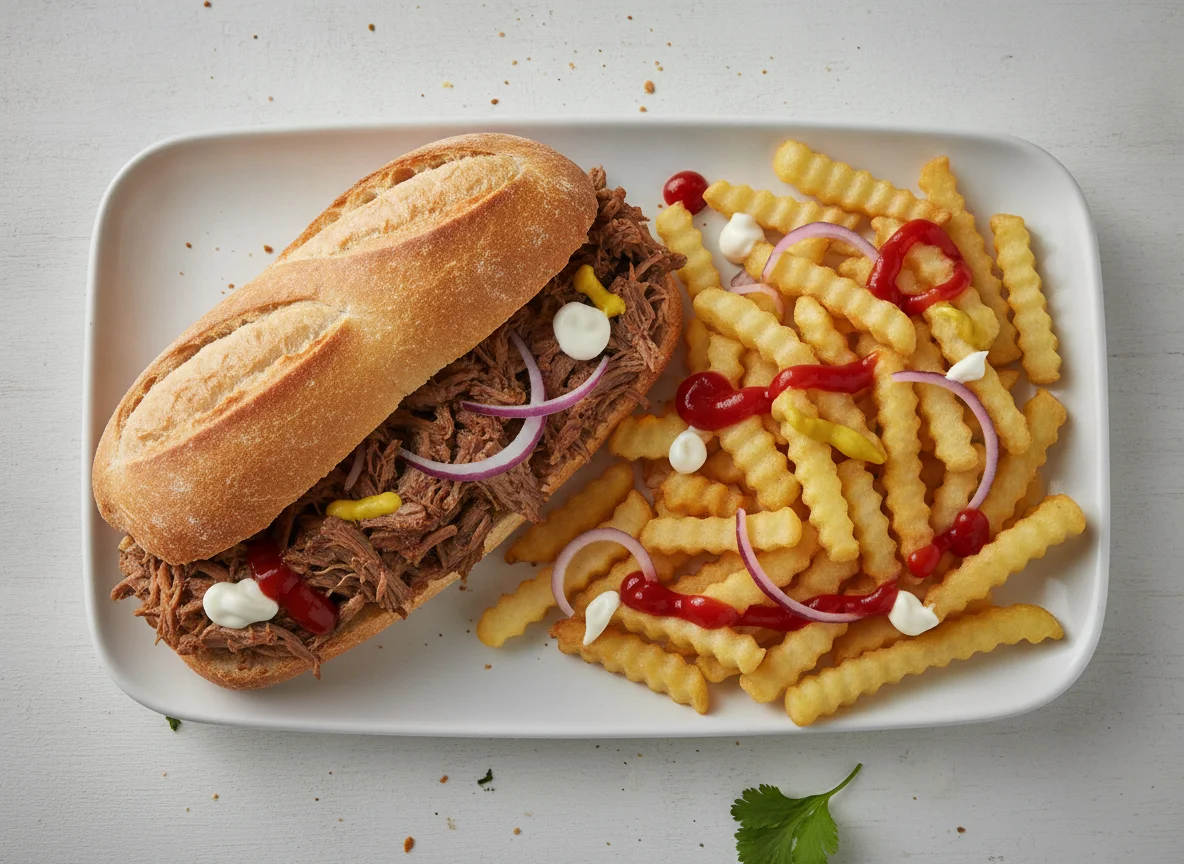 Bocadillo de carne deshilachada con patatas fritas photo