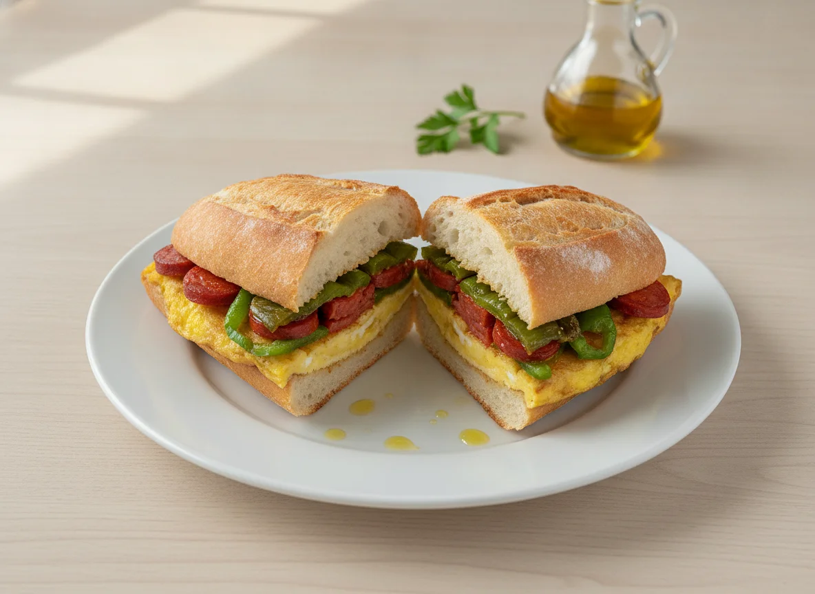 Bocadillo de chistorra, pimientos y tortilla photo