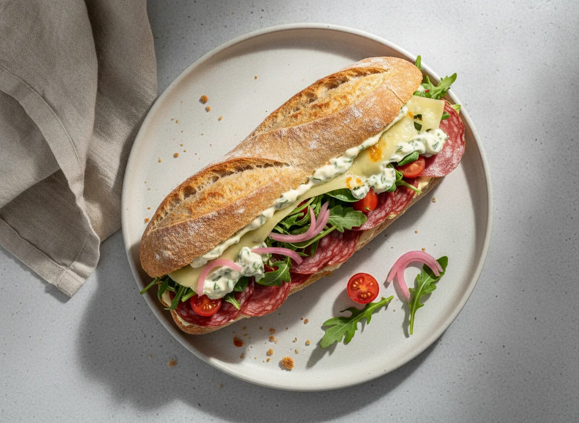 Bocadillo de embutido con queso y ensalada photo