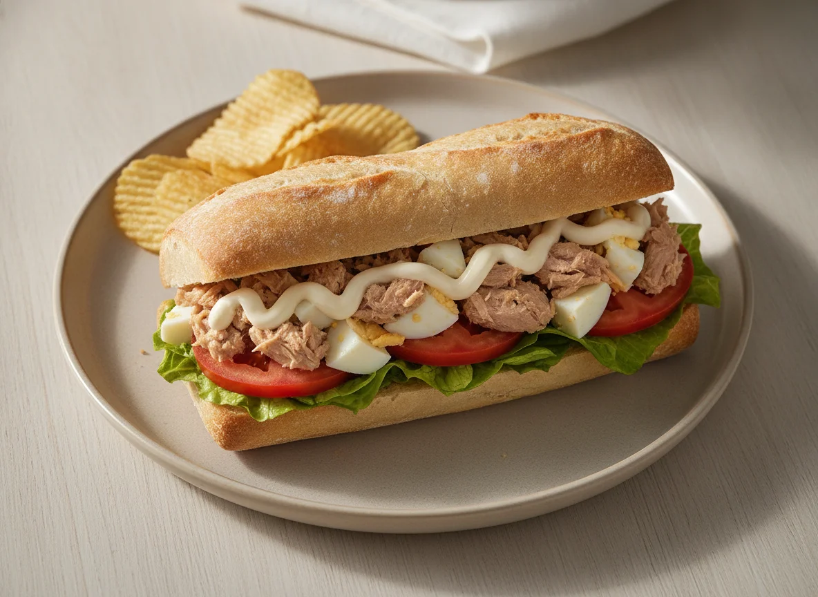 Bocadillo de ensalada con huevo y atún photo