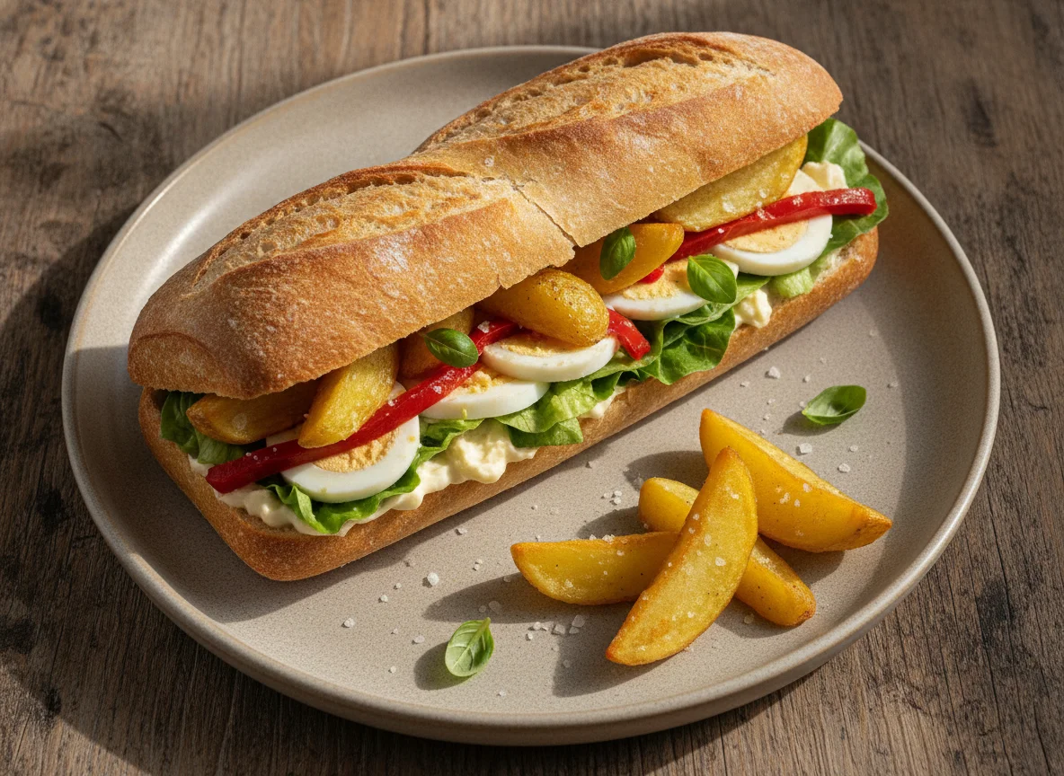 Bocadillo de ensalada con patatas gajo photo