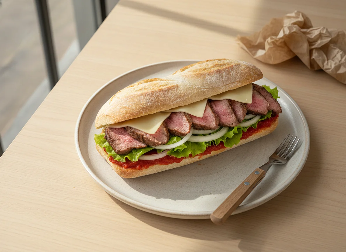 Bocadillo de filete con queso y verduras photo